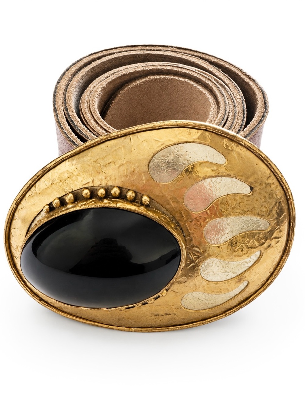 TEXICO HENCHO EN MEXICO 70S 80S HAMMERED BRASS BLACK ONYX SOUTHWESTERN BELT